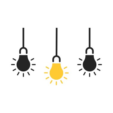 İç görü gibi üç tane asılmış ampul. beyazı izole eden yassı minimal trend logo tasarımı elemanı. Soyut ya da basitlik sembolü kavramı, farklı kişi ya da basit bilgi gibi.