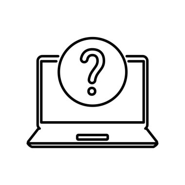 Soru işareti olan siyah ince çizgi dizüstü bilgisayar simgesi. Lineer basit trend modern bilgi logoti element web grafik vuruş sanatı tasarımı beyaza izole edildi. Bilgilendirme veya anket hizmeti konsepti