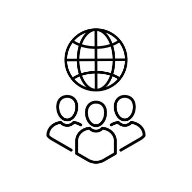Küresel yönetimdeki insanlar gibi ince çizgili bir ikon. Lineart trend modern logotype grafik çizim tasarım elementi beyaz arka planda izole edildi. Uluslararası toplantı ya da ticaret konsepti