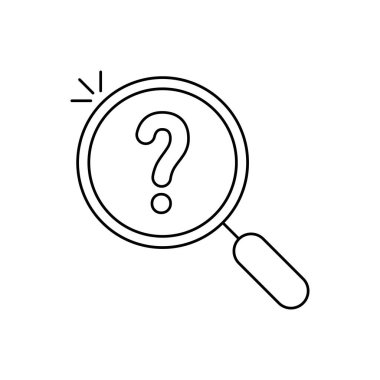 Üzerinde soru işareti olan ince çizgi büyüteç simgesi. düz doğrusal trend modern çizgi sanat incelemesi ya da sorgulama logotype sanat tasarımı web tasarımı elementi beyaza izole edildi. Teftiş veya araştırma rozeti konsepti