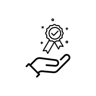 Garanti belgesini tutan ince çizgili el ikonu onaylıyor. Doğrusal düz trend modern güzel logottip grafik tasarımı beyazda izole edildi. Kurdeleli, burslu veya rozetli not mührü kavramı