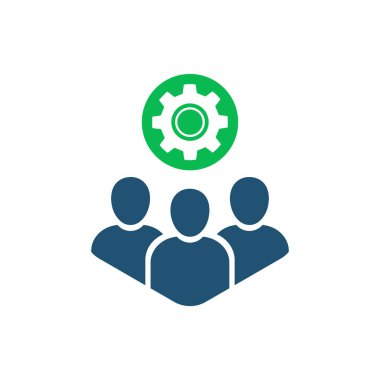 Takım çalışması simgesi, kolay bir operasyon gibi dişli. Düz çizgi film trendi insanların logoti grafik tasarım elementlerinin teknik birleşimi beyaza izole edilmiş. Teknik yardım veya bakım konsepti