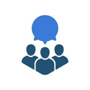 Sanal Webinar ya da grup çalışması gibi sohbet odası ikonu. Basit düz trend modern özel forum veya Chatbot logotype grafik web tasarımı elementi beyaza izole edildi. Konuşma baloncuğu olan üç kişi kavramı