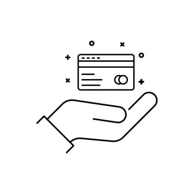 Ödeme gibi ince bir kredi kartıyla. Düz çizgi tarzı trend modern insan kimliği logoti grafik vuruş sanatı tasarımı beyaza izole edildi. Bankacılık geri çekilme veya ikramiye alma konsepti