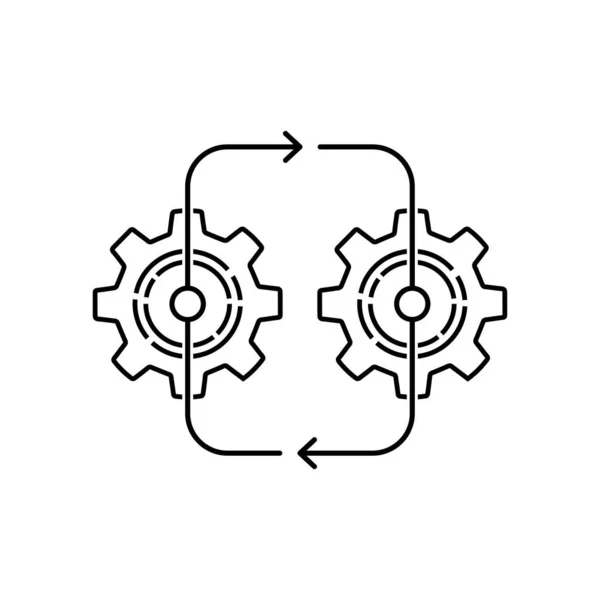 2つの薄いラインギヤが付いている有効な統合のアイコン ワークフローシンボルまたは簡単な技術的な手順の概念 線形シンプルなトレンド モダンなロゴタイプのグラフィックストロークデザイン 白で分離されたWeb要素 — ストックベクタ