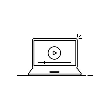 Webinar izler gibi siyah ince dizüstü bilgisayar. Düz hatlı stil trend modern e-öğrenme logottip grafik tasarımı beyaz arkaplanda izole edildi. viral kaynak kavramı veya video çağrısı veya uzaktan yardım