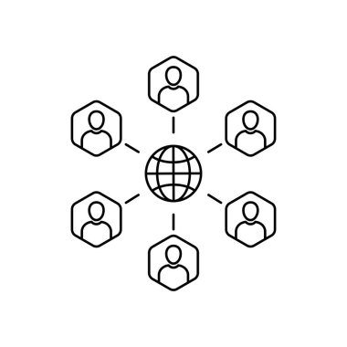 İnce çizgili küresel iş dünyası ikonu. Web kariyeri, serbest çalışma ve proje tartışması ya da ittifak içinde beyin fırtınası kavramı. anahat eğilimi net iletişim logotype grafik grafik tasarım elementi