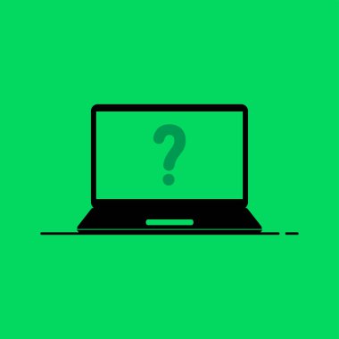 Yeşil soru işareti simgesi olan siyah bir laptop. Bilgilendirme veya anket hizmeti konsepti. düz basit eğilim modern quizz bilgi logotype grafik web tasarımı ögesi yeşil arkaplan üzerinde izole