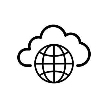 Küresel veri gibi bulutlu siyah ince çizgi küre. Doğrusal trend modern grafik logotip vuruş tasarımı bilgi elementi beyazda izole edildi. Mobil uygulama rozeti konsepti veya çevrimiçi sunucu pictogram