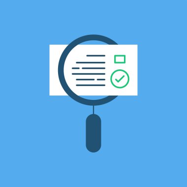 çizgi film içgörü değerlendirme ikonu ya da kalite kontrol. Denetçi ve araştırma için danışmanlık hizmeti ya da yönetim kavramı. düz eğilim değerlendirici veya düzenleyici plan logotype grafik tasarım web ögesi