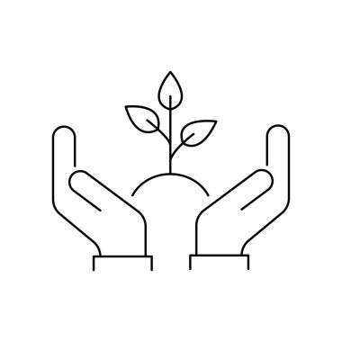 Yapraklı siyah ince çizgili bitkiyi tutan iki el. Topraklı doğrusal küçük insan avuç içi kavramı. lineart Peace logotype grafik vuruş sanat işareti tasarım web basitlik elementi beyaz üzerine izole