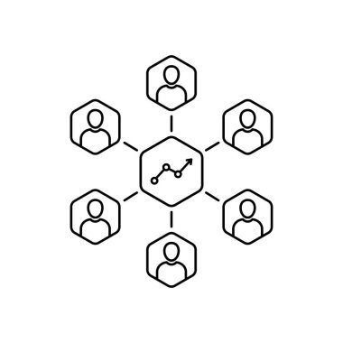 Takım, iş büyümesi için ince çizgi ikonu gibi çalışıyor. Düz doğrusal trend modern logotype grafik tasarım bilgisi öğesi beyaz arkaplanda izole edildi. maliyet veya değer tahminleri konsepti