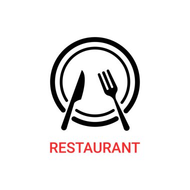 Restoran logosu gibi çatal ve bıçak tabakta. Öğle yemeği ve brunch veya yemek servisi için ekipman konsepti. soyut düz logotip grafik basit tasarım web rozet ögesi beyaz arkaplanda izole edildi