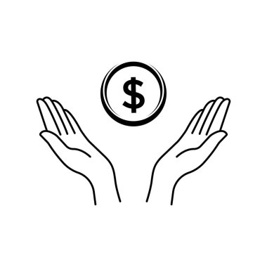 Dolar parasıyla siyah elleri sarmala. Düz vuruş stili trend modern doğrusal basit logotype grafik sanat tasarımı beyaz zemin üzerinde izole. Çocuklar için cep harçlığı kavramı ya da ticari başarı tasarrufu