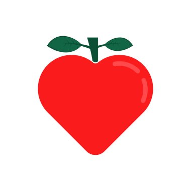 Yaprak logolu basit kırmızı kalp. yassı minimal çizgi film tarzı trend modern sanat grafik tasarımı beyaz arkaplanda izole edilmiştir. Çocuklar ve vejetaryenler için sağlıklı gıda ve doğal yemek kavramı