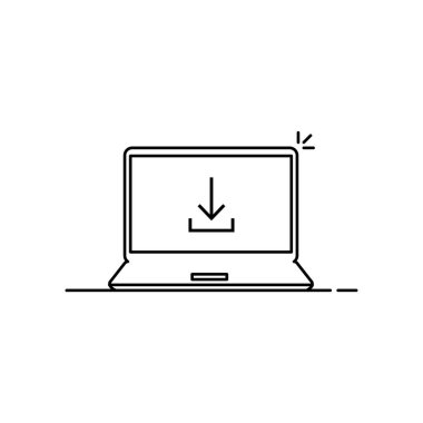 İnce dizüstü bilgisayarda siyah ok indir. Beyaz arkaplanda izole edilmiş doğrusal düz stil trend modern logottip grafik tasarım elementi. Yazılım güncelleme veya yükleme ve torrent gönderme kavramı