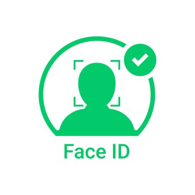 Yüz tanıma onaylı yeşil logo. Basit düz trend modern faceid logot grafik tasarımı beyazda izole edildi. Akıllı telefon veya kişisel bilgi edinme ve yüz tanıma programına erişim kavramı