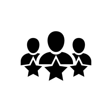 Müşteri memnuniyeti ikonu. Başarı, not, sıralama, yıldız, kullanıcı ikonu. Müşteri derecesi, yönetici, yıldız kullanıcı ikonu. İş istemcisi simgesi, yıldız çizgisi işareti olan insanlar grubu.
