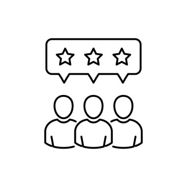 Yıldız kabarcıkları, derecelendirme, geri bildirim, itibar çizgi simgesi ile Vektör insanlar. Sembol ve işaret illüstrasyon tasarımı. Beyaz arka planda yalıtılmış