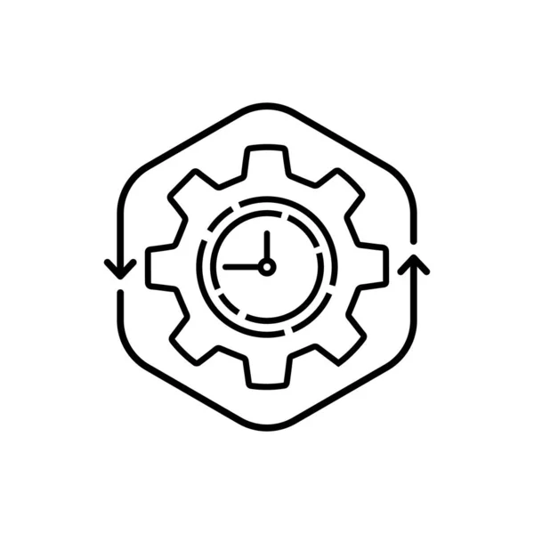 タイムマネジメントアイコンのような黒い薄いラインギア ワークフローピクトグラムの概念 フラットリニアトレンド現代技術ロゴタイプのグラフィックストロークアートデザインインフォグラフィック要素を白い背景に分離 — ストックベクタ