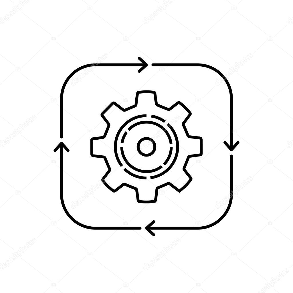 Thin line cogwheel like easy operation process. outline trend modern simple recycle or execute logotype graphic design element isolated on white. concept of solution realization or financial engine