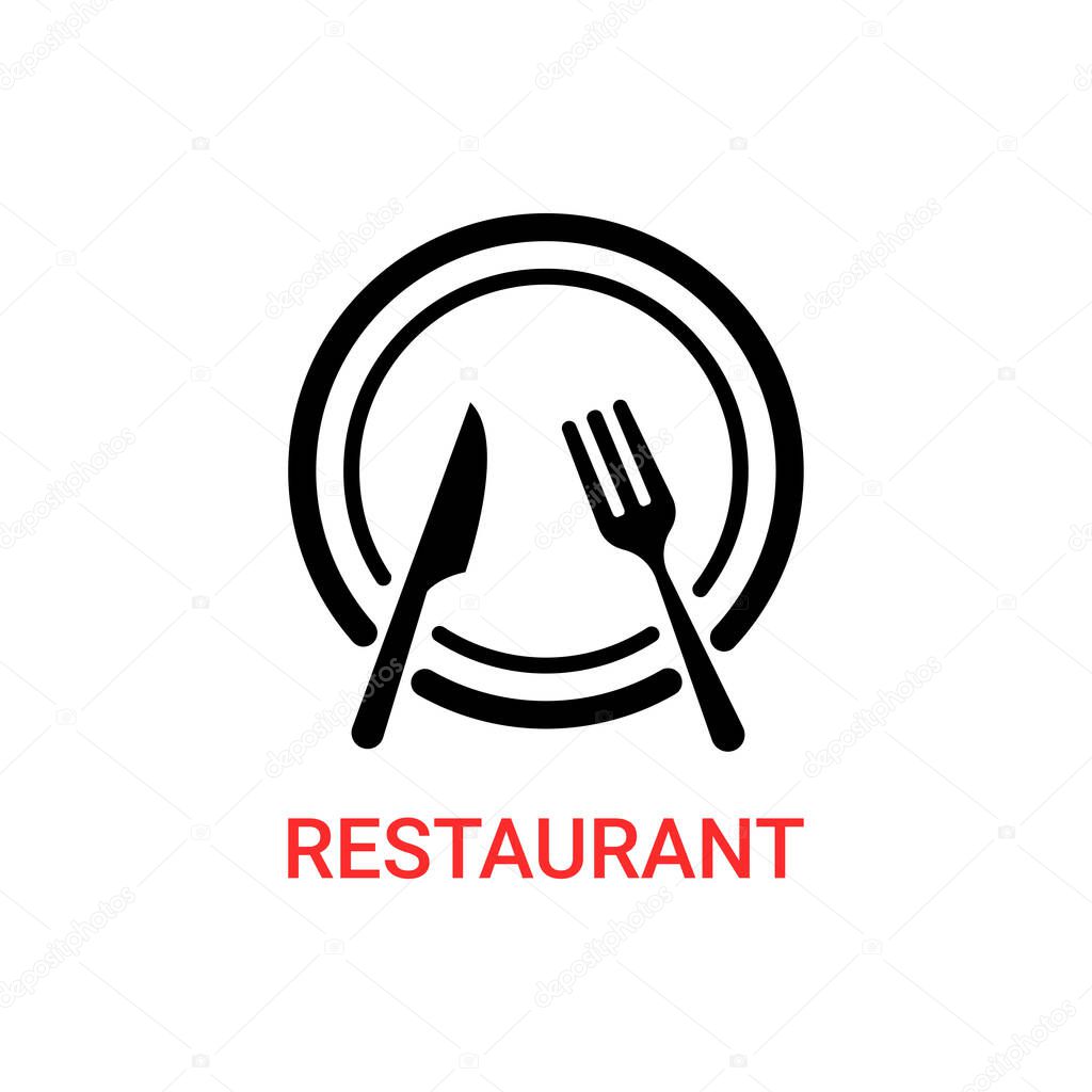 Fork and knife on plate like restaurant logo. concept of equipment for lunch and brunch or catering service. abstract flat logotype graphic simple design web badge element isolated on white background