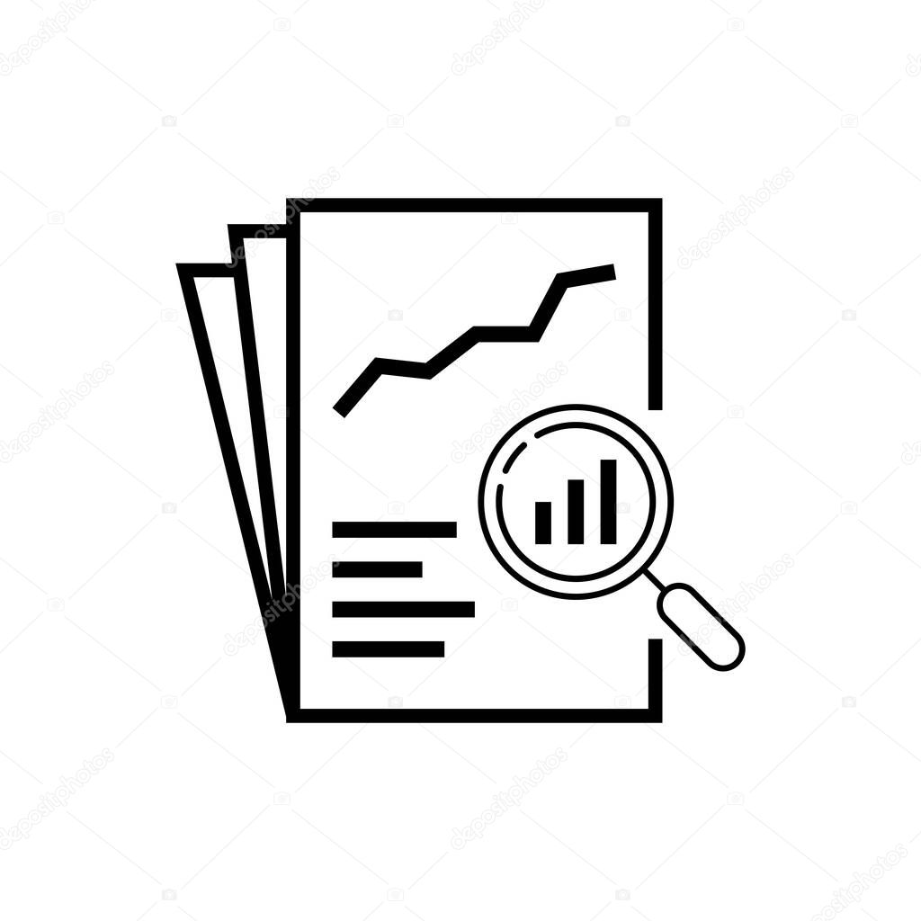 Black linear document like auditing. concept of auditor, fax, seo, scrutiny, annual verification, evaluation, info, growth, forecast. flat style logotype design vector illustration on white background