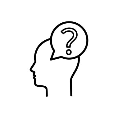 Üzerinde ince çizgi olan şüpheli bir logo. Vuruş stili trend modern basit insan logotype grafik sanat yuvarlak tasarımı hayal edin beyaz arka planda izole. Seçenek fırsatı ya da karar kavramı sezgisel