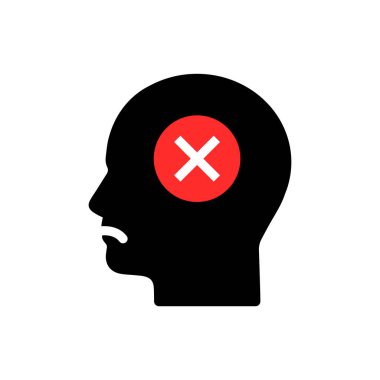 İnsan kafası haç gibi yanlış bir düşünce ikonu ile. Mantıksız düşünme konsepti mi yoksa zor akıl süreci mi? düz çizgi film trend modern logottip grafik soyut sanat tasarımı beyaz arkaplan izole