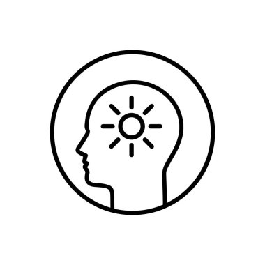 Güneşli kafayla mutlu, neşeli ruh hali gibi ince çizgi ikonu. Doğrusal düz stil trend modern zihniyet logotti grafik vuruş sanatının tasarımı beyaz arkaplanda izole edilmiştir. Kolay yaşam tarzı ya da akıl sağlığı kavramı