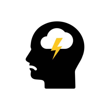 Kötü ruh hali ikonu gibi bulutlu soyut bir kafa. düz basit trend modern yas logoti grafik sanat tasarımı beyaz arka planda izole edildi. İş yerinde bipolar bozukluk, aşırı yüklenme ya da tükenme kavramı