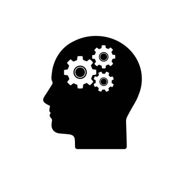 Zihin işleme simgesi gibi soyut kafa ve teçhizat. düz basit tarz trend modern sinerji logoti grafik sanat tasarımı beyaz zemin üzerinde izole. İnsan profili kavramı veya içerideki motor gibi kenar görünüm