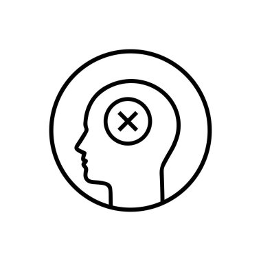 İnce bir çizgi insan kafası yanlış bir düşünce gibi haçla. düz doğrusal trend modern logottip grafik soyut vuruş sanatı tasarımı beyazda izole edildi. Mantıksız düşünme ya da sert akıl süreci kavramı