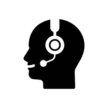 Yardım hattı ya da destek servisi gibi soyut siyah bir kafa. İşletme danışmanı, sanal asistan ya da mikrofonlu teknik resepsiyonist kavramı. düz basit teknik operatör logosu grafik tasarımı