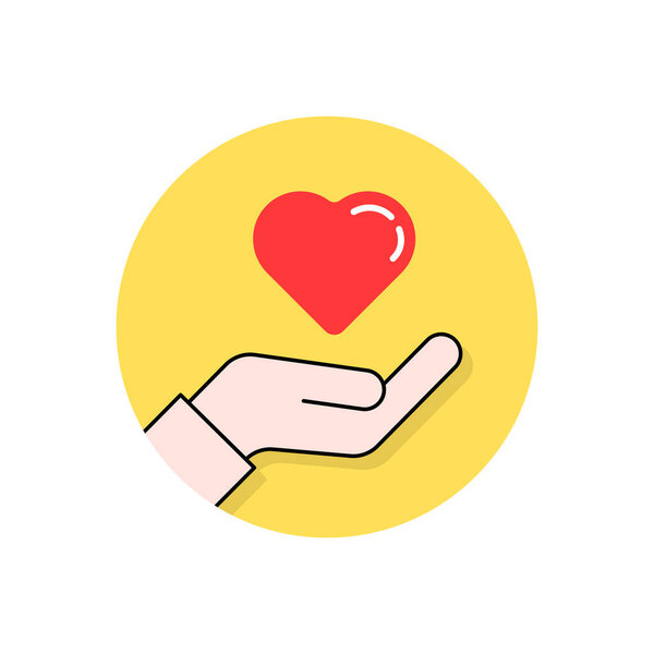 круглый желтый благотворительный логотип с сердцем в руке. Мультипликационный плоский тренд современный простой логотип сострадания графический дизайн, изолированный на белом. концепция донорского женского или мужского оружия и краудфандинга бедности