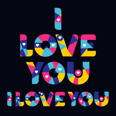 Seni Seviyorum Renkli Rastgele Şekil Geometrik Görüntü Koyu Mavi Arkaplan