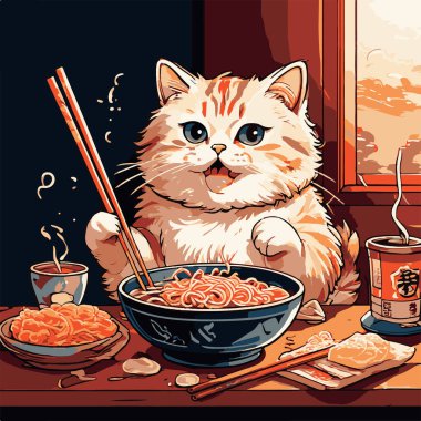 Yemek çubuklarıyla ramen yiyen bir kedi tasviri, ramen eriştelerini ve malzemelerini görebilirsiniz.