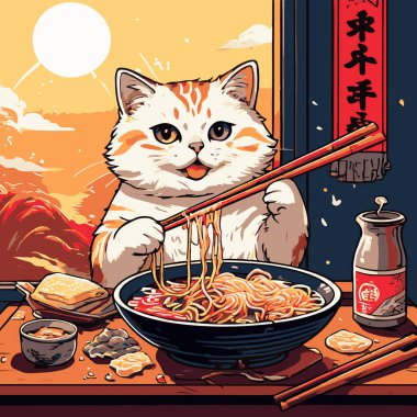 Yemek çubuklarıyla ramen yiyen bir kedi tasviri, ramen eriştelerini ve malzemelerini görebilirsiniz.