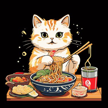 Yemek çubuklarıyla ramen yiyen bir kedi tasviri, ramen eriştelerini ve malzemelerini görebilirsiniz.
