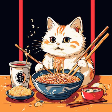 Yemek çubuklarıyla ramen yiyen bir kedi tasviri, ramen eriştelerini ve malzemelerini görebilirsiniz.
