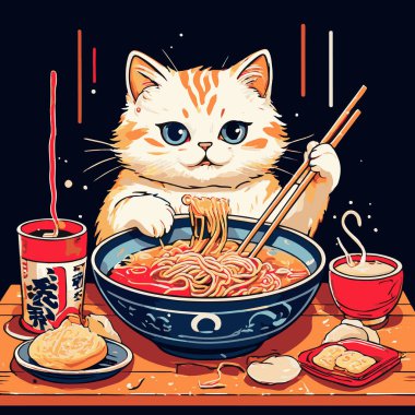 Yemek çubuklarıyla ramen yiyen bir kedi tasviri, ramen eriştelerini ve malzemelerini görebilirsiniz.