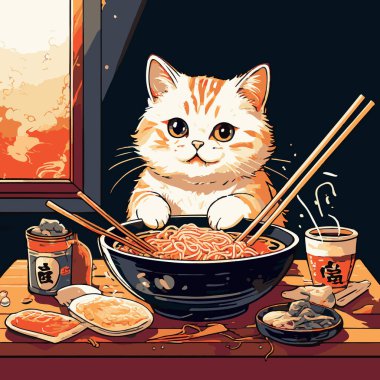 Yemek çubuklarıyla ramen yiyen bir kedi tasviri, ramen eriştelerini ve malzemelerini görebilirsiniz.