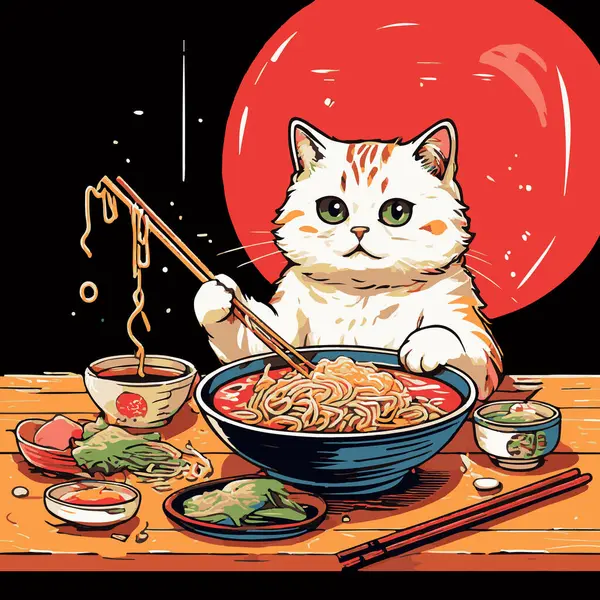 Yemek çubuklarıyla ramen yiyen bir kedi tasviri, ramen eriştelerini ve malzemelerini görebilirsiniz.