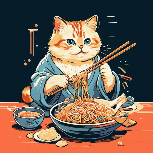 Yemek çubuklarıyla ramen yiyen bir kedi tasviri, ramen eriştelerini ve malzemelerini görebilirsiniz.