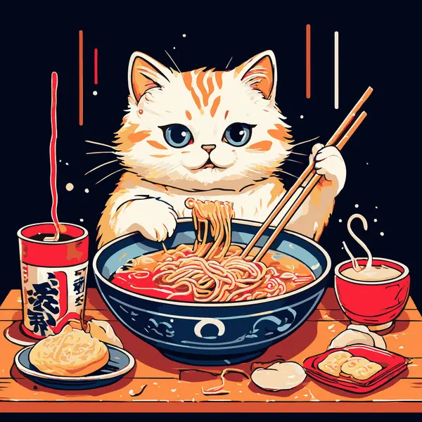 Yemek çubuklarıyla ramen yiyen bir kedi tasviri, ramen eriştelerini ve malzemelerini görebilirsiniz.