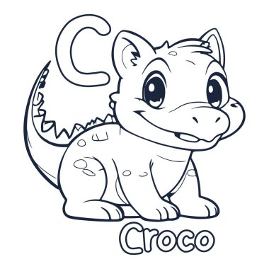 Crocodile vector illustration Black and white Crocodile alphabet coloring book or page for children clipart