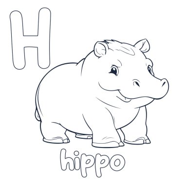 hipopotam vektör illüstrasyonu Çocuklar için Siyah ve beyaz hipopotam alfabe boyama kitabı veya sayfa