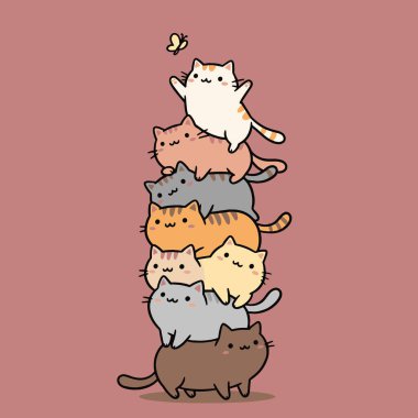 Pembe Arkaplanda Kelebekli Şirin Çizgi Kediler Kulede Yığıldı