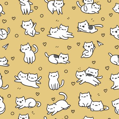 Sarı Arkaplanda Çeşitli Pozisyonlarda Sevimli Kediler Çizgi Filminin Kusursuz Şablonu