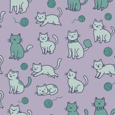 Mavi ve Yeşil Çizgi Film Kedileri Yün Toplu Şirin Kusursuz Desenli